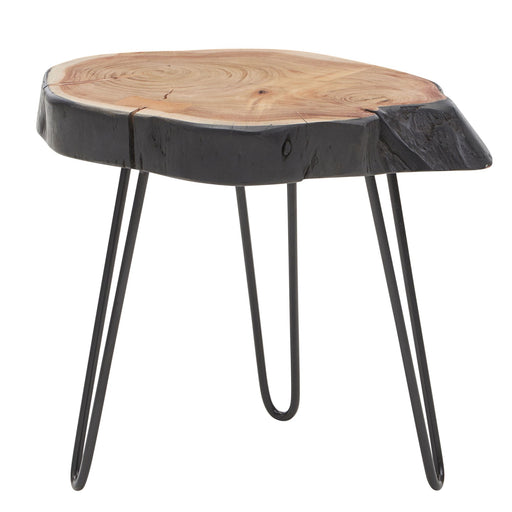 Beistelltisch Akazie Massivholz Metall Industrial mit heller Holzplatte, dunklem Baumkantensaum und schwarzen Metallbeinen, Gesamtansicht von oben.