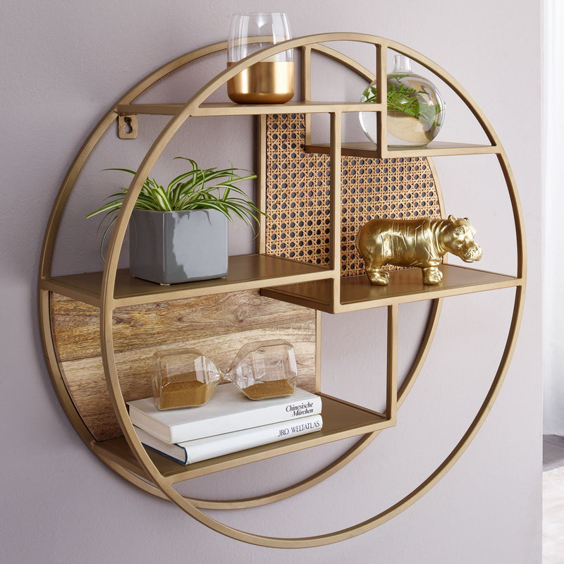Wandregal Rattan 62x62x17cm Massivholz Metall Industrial Rund