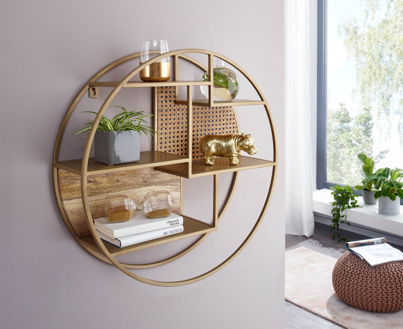 Wandregal Rattan 62x62x17cm Massivholz Metall Industrial Rund
