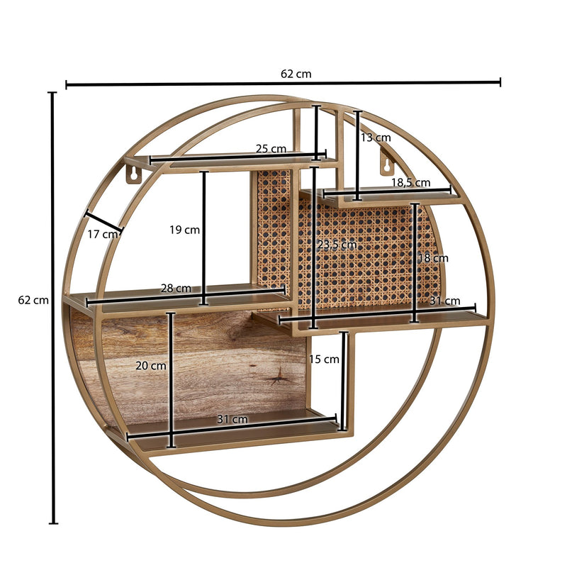 Wandregal Rattan 62x62x17cm Massivholz Metall Industrial Rund