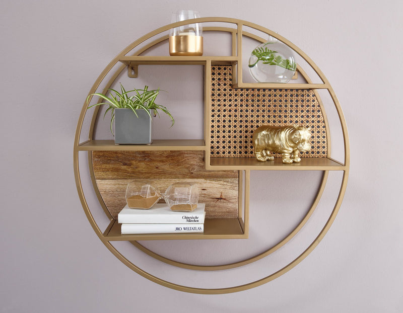 Wandregal Rattan 62x62x17cm Massivholz Metall Industrial Rund
