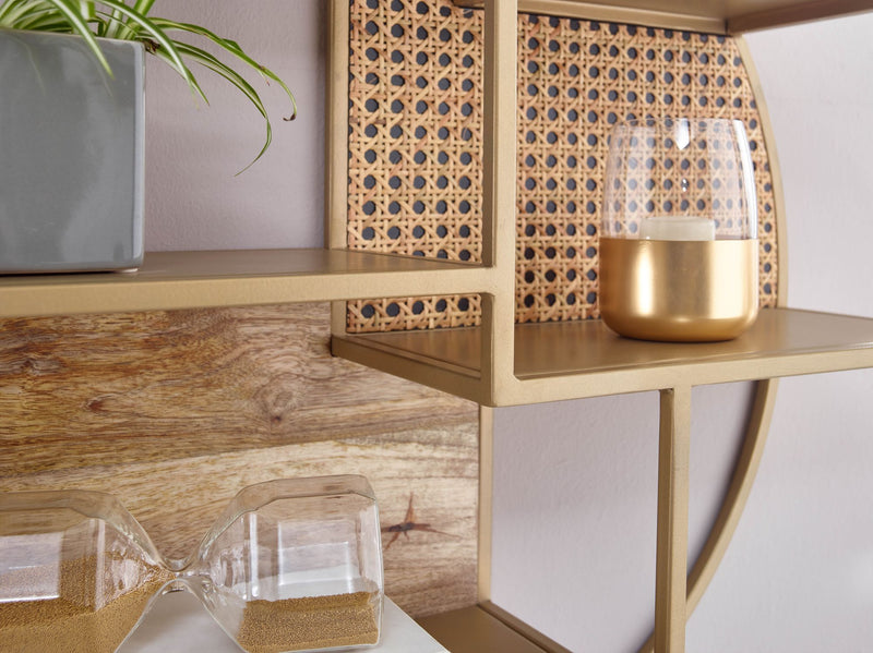 Wandregal Rattan 62x62x17cm Massivholz Metall Industrial Rund