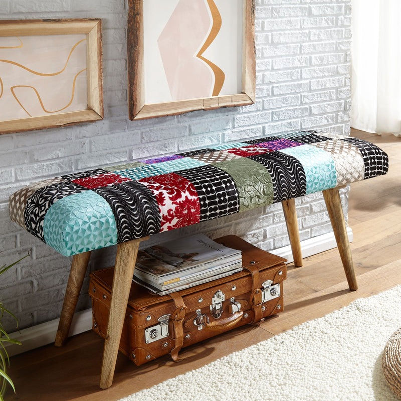Sitzbank Patchwork Samt Massivholz 117x51x38cm Modern Flur Esszimmer