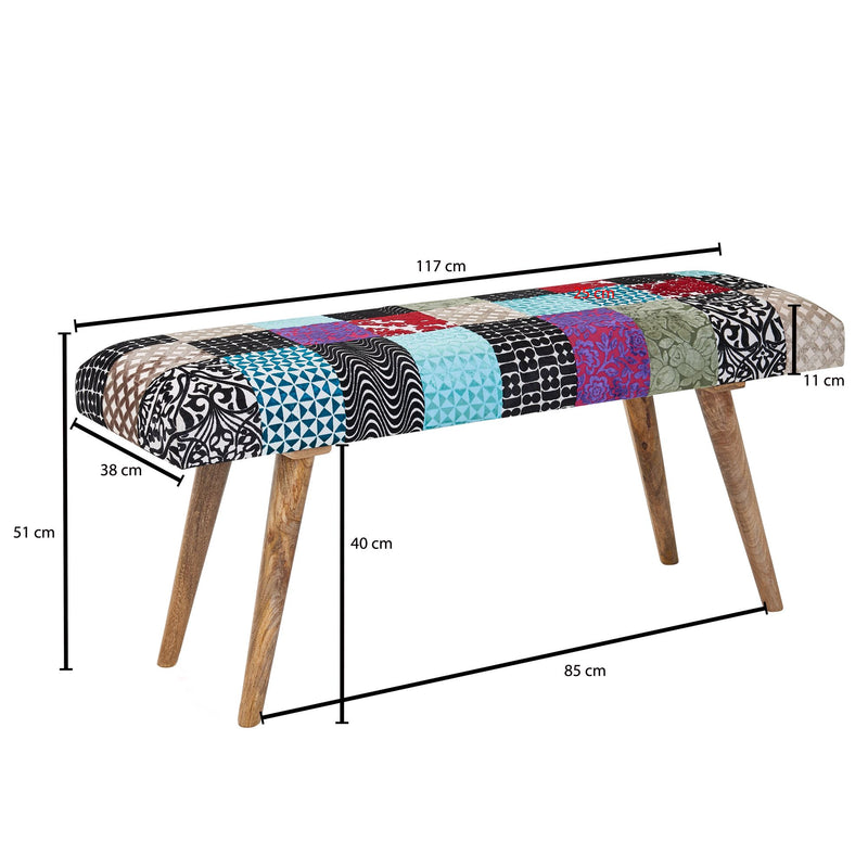 Sitzbank Patchwork Samt Massivholz 117x51x38cm Modern Flur Esszimmer