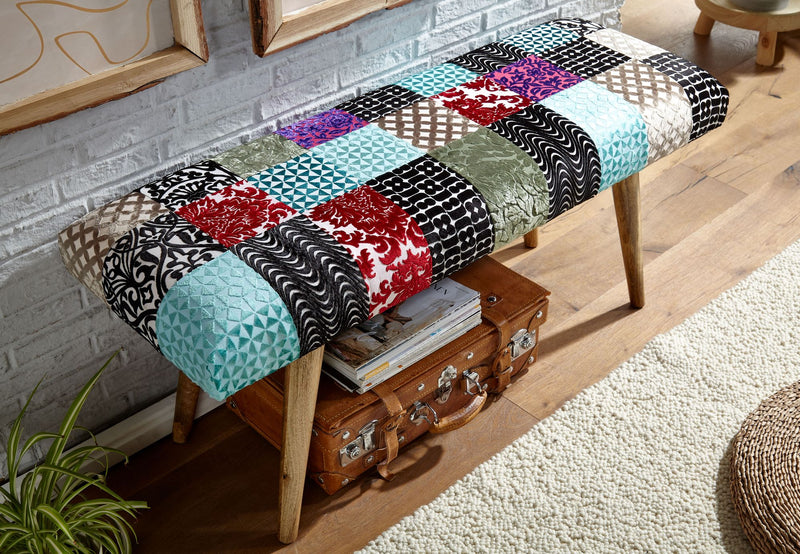 Sitzbank Patchwork Samt Massivholz 117x51x38cm Modern Flur Esszimmer