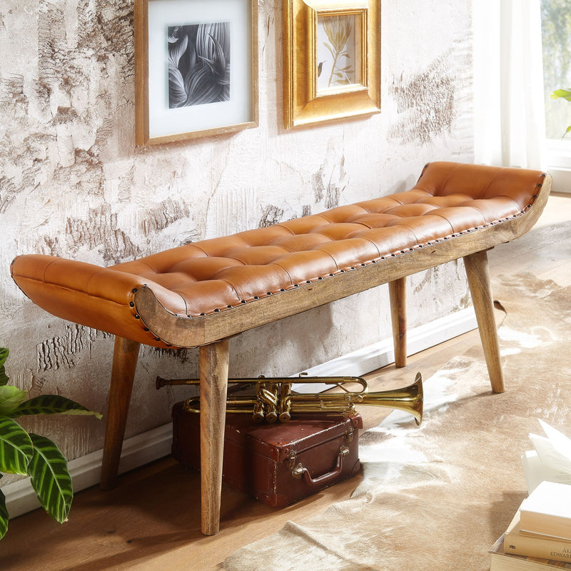 Sitzbank Chesterfield Echtleder Massivholz Braun 125x50x38cm Modern