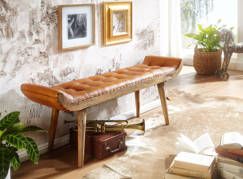 Sitzbank Chesterfield Echtleder Massivholz Braun 125x50x38cm Modern