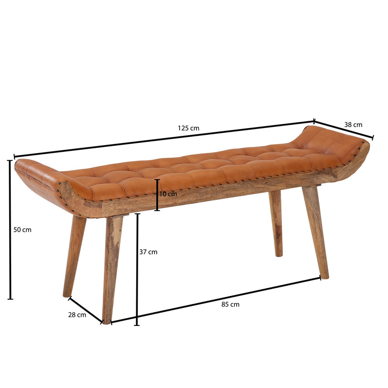 Sitzbank Chesterfield Echtleder Massivholz Braun 125x50x38cm Modern