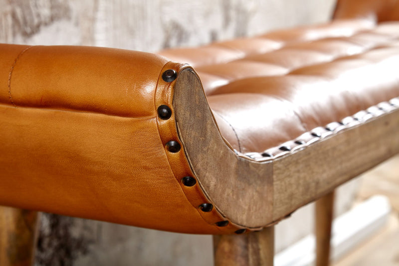 Sitzbank Chesterfield Echtleder Massivholz Braun 125x50x38cm Modern