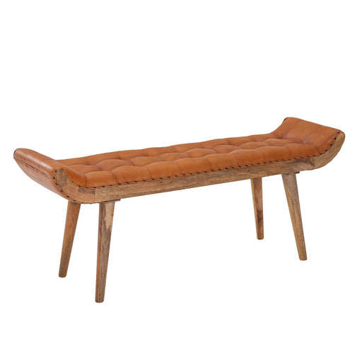 Sitzbank Chesterfield Echtleder Massivholz Braun in Gesamtansicht mit gestepptem Lederbezug und Holzgestell.