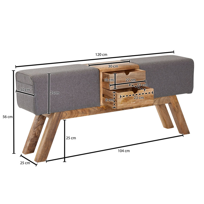 Turnbock Sitzbank mit Schubladen 120x56x30 cm Stoff Grau Stauraum