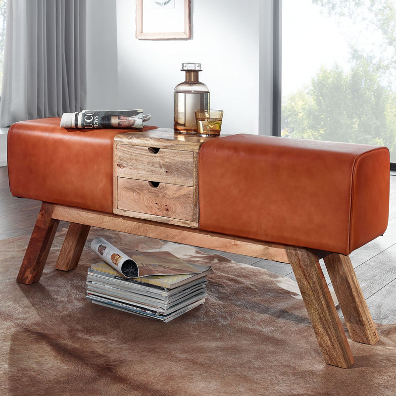 Turnbock Sitzbank Echtleder Braun mit Schubladen 120x56x30 cm
