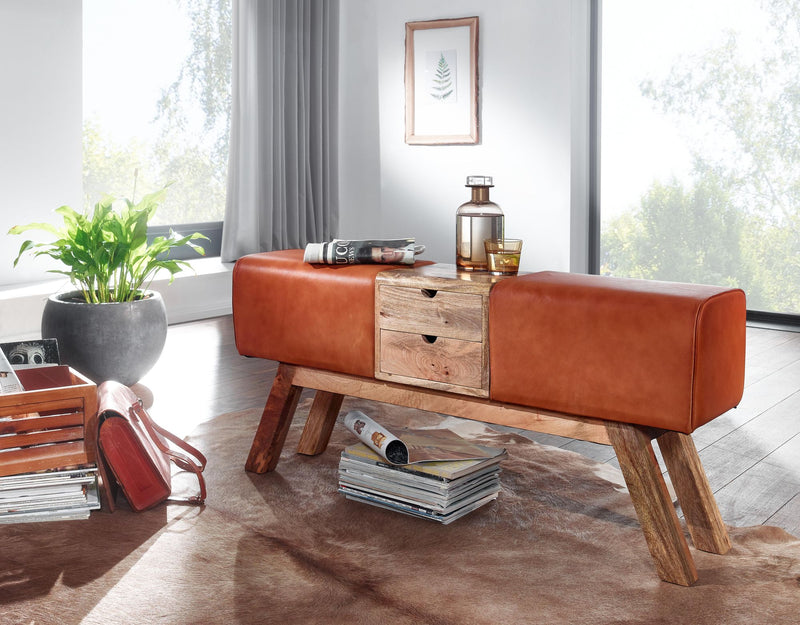 Turnbock Sitzbank Echtleder Braun mit Schubladen 120x56x30 cm
