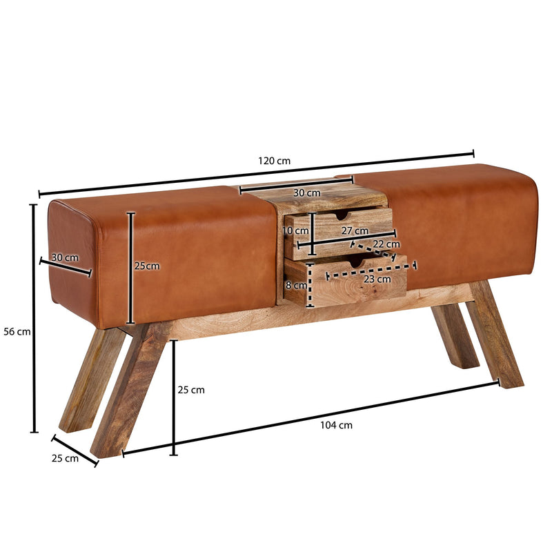 Turnbock Sitzbank Echtleder Braun mit Schubladen 120x56x30 cm