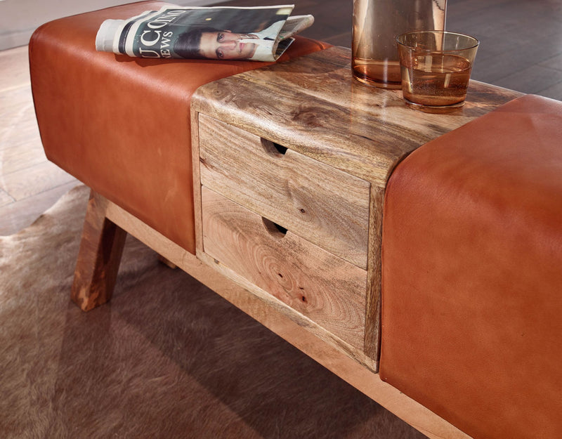 Turnbock Sitzbank Echtleder Braun mit Schubladen 120x56x30 cm