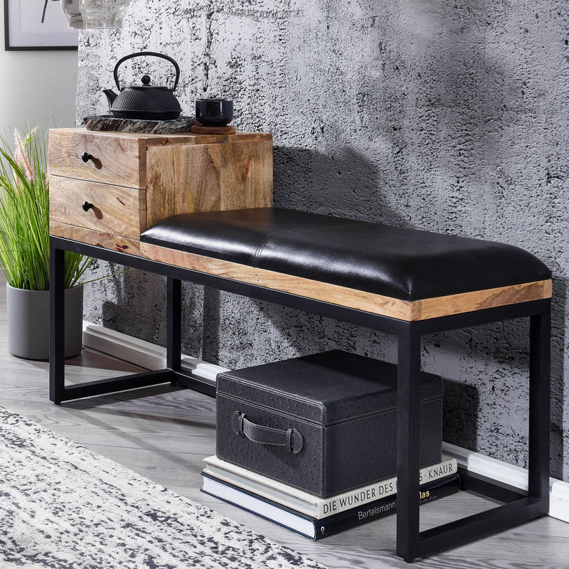 Sitzbank Ziegenleder Massivholz 100x60x35cm Retro Stauraum Schwarz