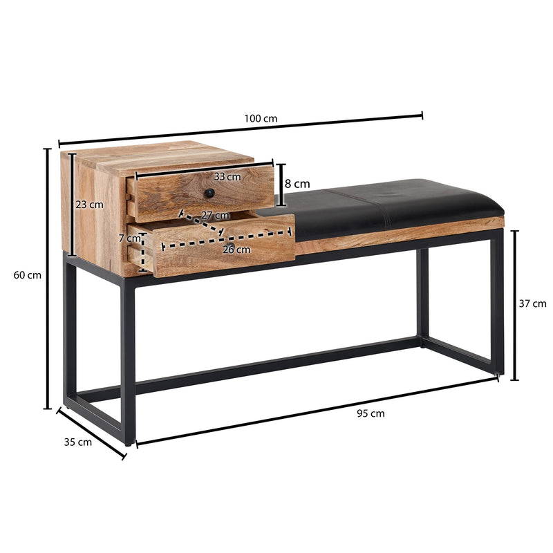 Sitzbank Ziegenleder Massivholz 100x60x35cm Retro Stauraum Schwarz