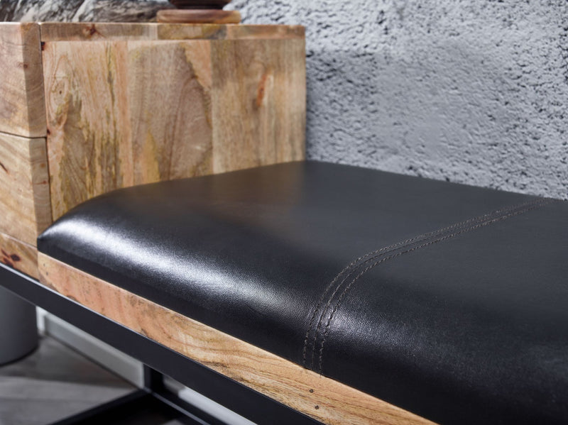 Sitzbank Ziegenleder Massivholz 100x60x35cm Retro Stauraum Schwarz