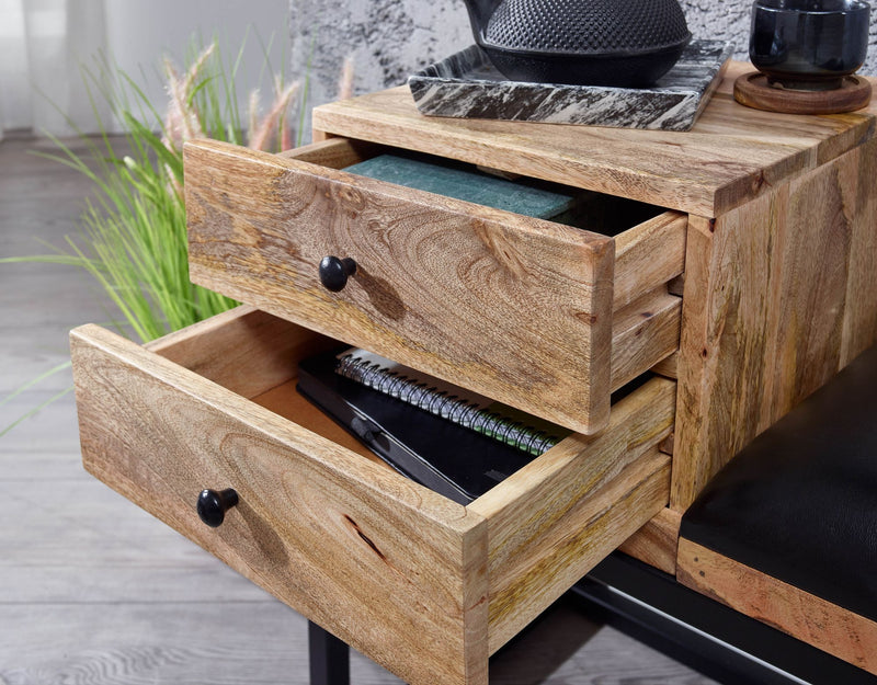 Sitzbank Ziegenleder Massivholz 100x60x35cm Retro Stauraum Schwarz