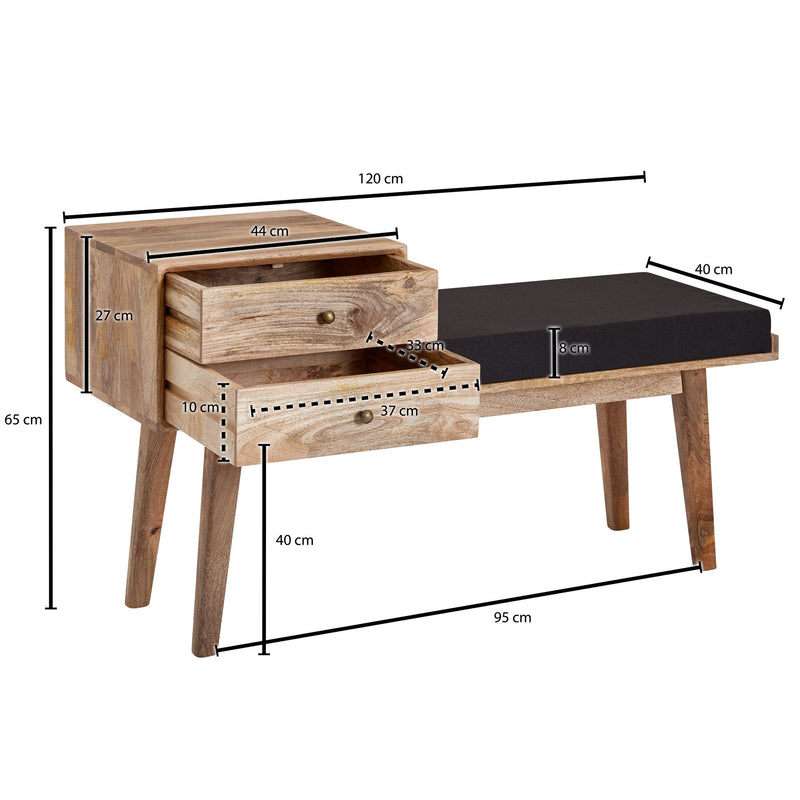 Sitzbank Retro 120x65x40cm Massivholz Stoff Stauraum Schwarz