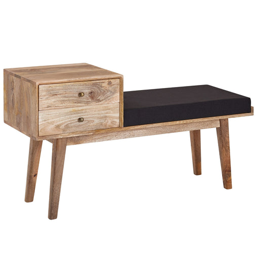 Sitzbank Retro mit Holzgestell, zwei Schubladen und schwarzem Polstersitz in Gesamtansicht.