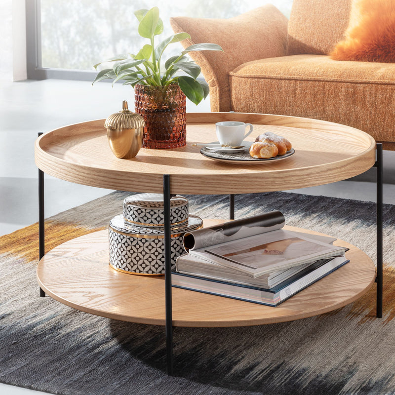 Couchtisch 78x78x40cm Eiche Metall Rund Modern mit Ablage Wohnzimmer