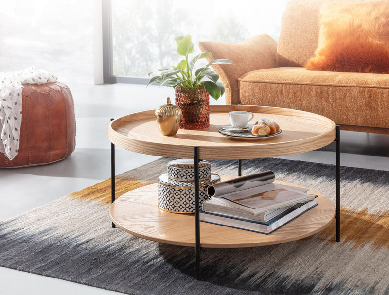 Couchtisch 78x78x40cm Eiche Metall Rund Modern mit Ablage Wohnzimmer