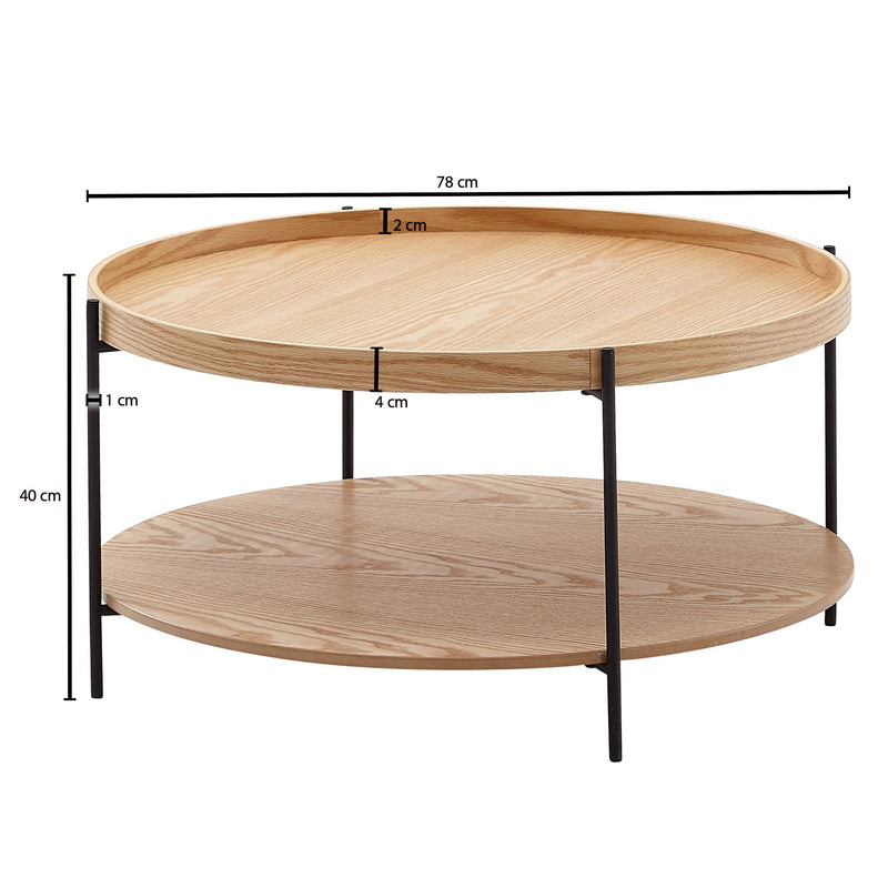 Couchtisch 78x78x40cm Eiche Metall Rund Modern mit Ablage Wohnzimmer