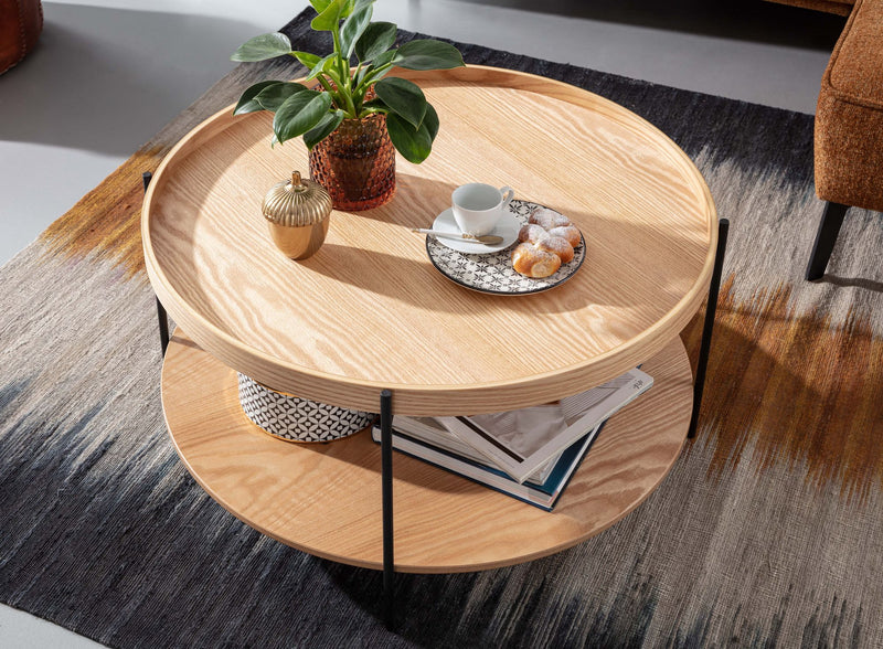 Couchtisch 78x78x40cm Eiche Metall Rund Modern mit Ablage Wohnzimmer