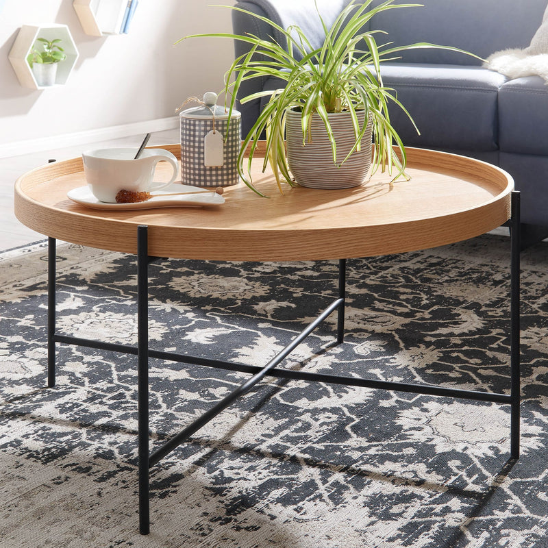 Couchtisch 78x78x40cm Eiche Holz Metall Modern Rund Wohnzimmer