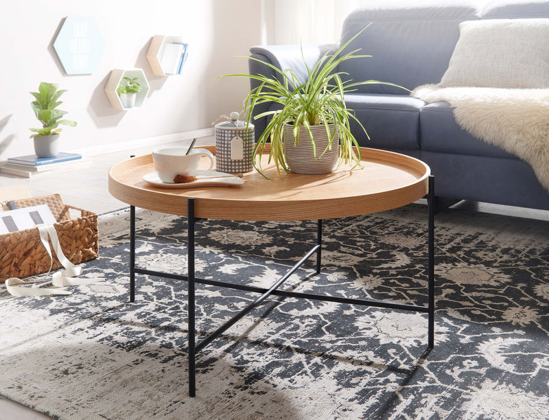 Couchtisch 78x78x40cm Eiche Holz Metall Modern Rund Wohnzimmer