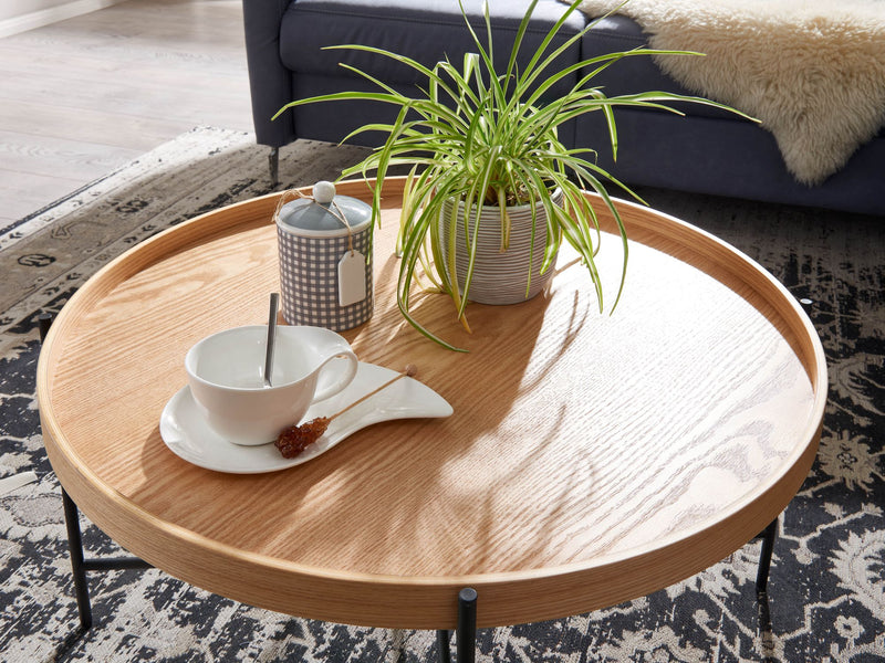 Couchtisch 78x78x40cm Eiche Holz Metall Modern Rund Wohnzimmer