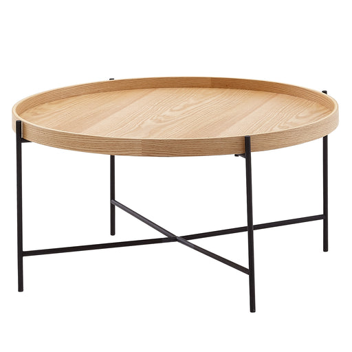 Couchtisch mit rundem Holztablett und schwarzem Metallgestell, Gesamtansicht.