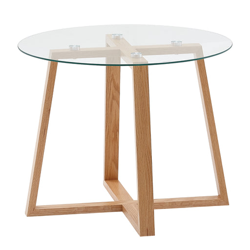 Couchtisch Eiche Massivholz Glas Rund mit runder Glastischplatte und Holzgestell in Kreuzform, Gesamtansicht.