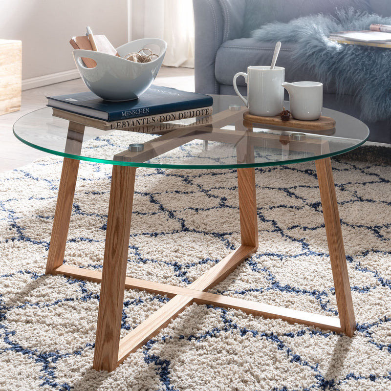 Couchtisch Eiche Massivholz Glas Rund 78x78x41cm Modern Wohnzimmer