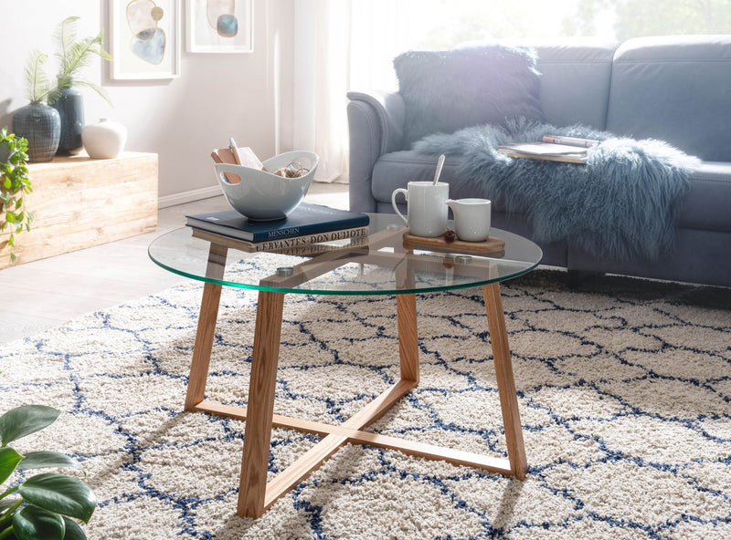 Couchtisch Eiche Massivholz Glas Rund 78x78x41cm Modern Wohnzimmer
