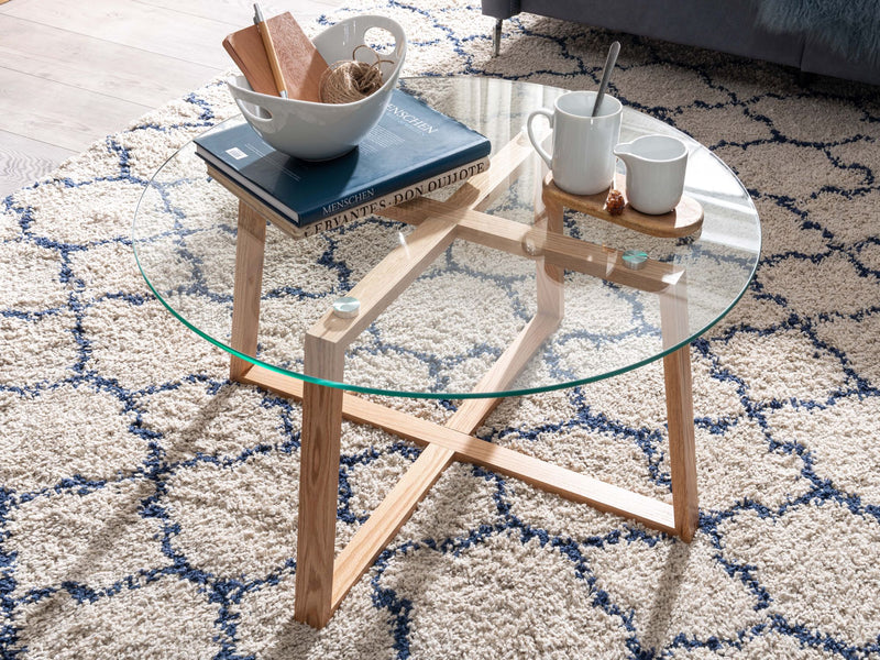 Couchtisch Eiche Massivholz Glas Rund 78x78x41cm Modern Wohnzimmer