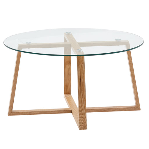 Runder Couchtisch Eiche Massivholz Glas mit Glasplatte und Holzgestell in Kreuzform, Gesamtansicht.