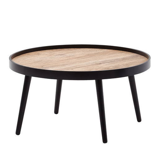 Couchtisch Rund mit rundem Holztablett und schwarzem Metallgestell, Gesamtansicht.