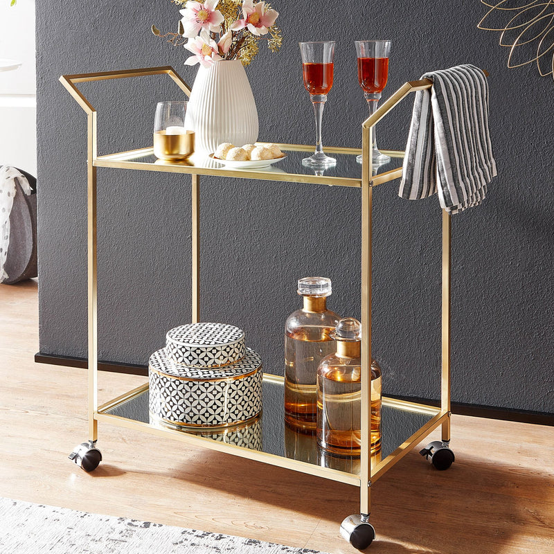 Servierwagen Gold Glas Metall 73x78x37cm Beistelltisch auf Rollen