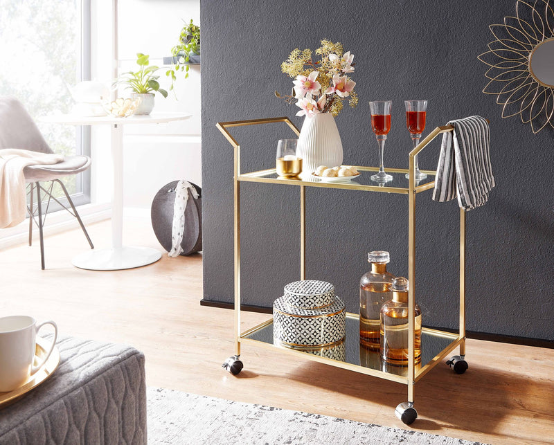 Servierwagen Gold Glas Metall 73x78x37cm Beistelltisch auf Rollen