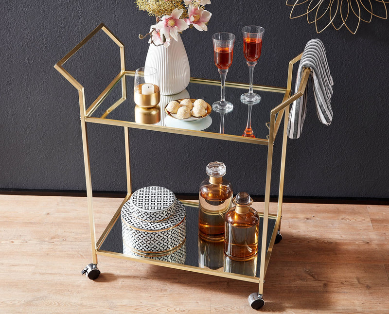 Servierwagen Gold Glas Metall 73x78x37cm Beistelltisch auf Rollen