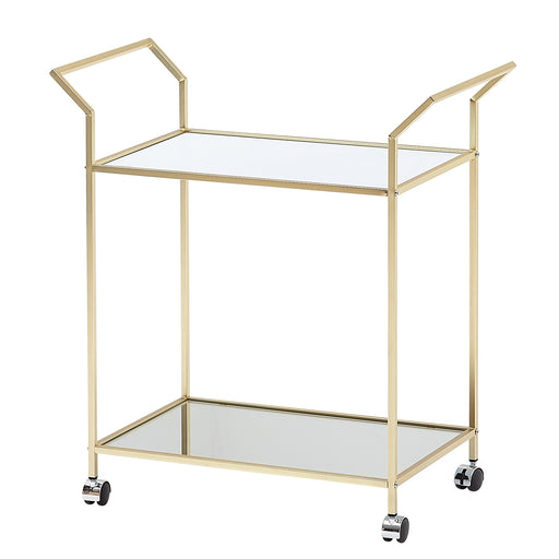 Servierwagen Gold mit goldenem Metallrahmen und zwei Glastablaren, Gesamtansicht.