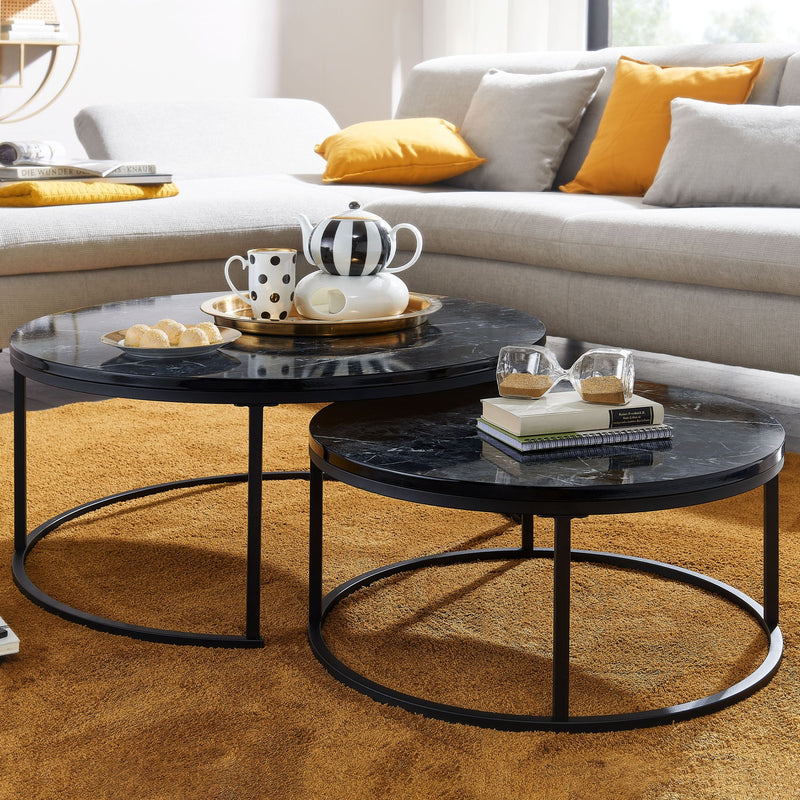 Couchtisch Set 2-teilig Rund Schwarz Marmoroptik Metall Modern