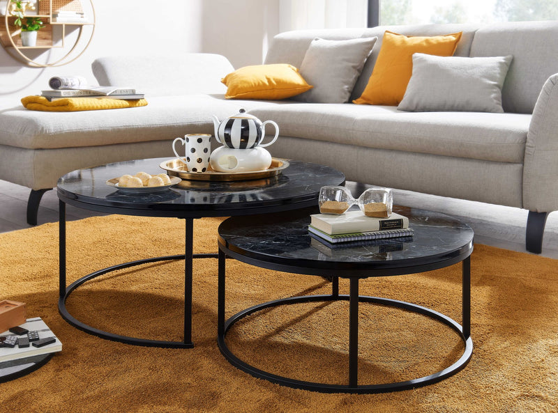 Couchtisch Set 2-teilig Rund Schwarz Marmoroptik Metall Modern