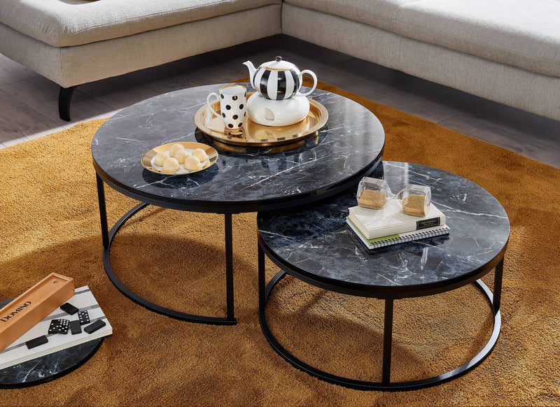 Couchtisch Set 2-teilig Rund Schwarz Marmoroptik Metall Modern