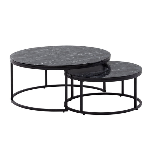 Couchtisch Set 2-teilig Rund Schwarz mit zwei ineinander verschachtelten runden Tischen in Marmoroptik auf Metallgestell.