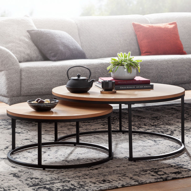 Couchtisch 2er Set Rund Eiche Metall Modern Beistelltisch Satztische