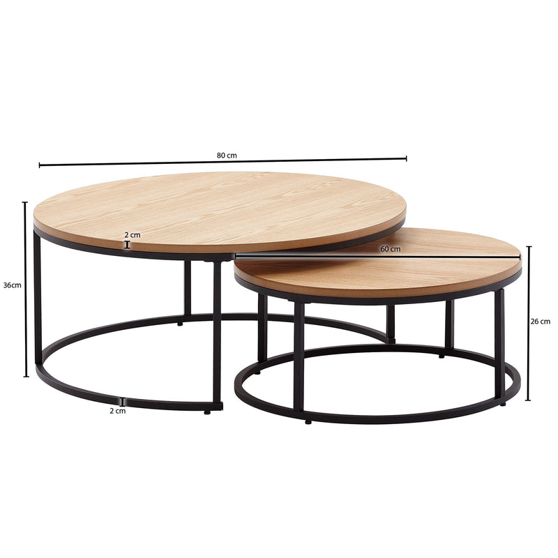 Couchtisch 2er Set Rund Eiche Metall Modern Beistelltisch Satztische