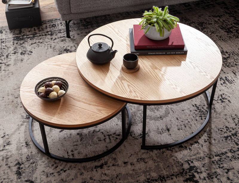 Couchtisch 2er Set Rund Eiche Metall Modern Beistelltisch Satztische